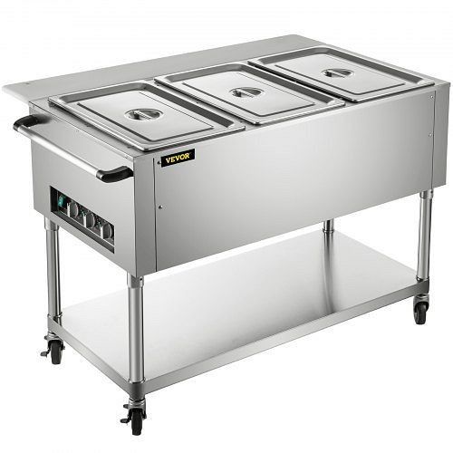 VEVOR Commercial Steam Table Electric Food Warmer 3 Pans with Wheels 0-100°C 1500W, WZB1500W3110VB2OLV1