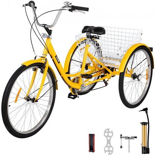 VEVOR 7-Speed 3 Wheel Adult Tricycle 24" Yellow Trike Bicycle Bike with Large Basket for Riding, ZXCSLC24YC7SHB001V0