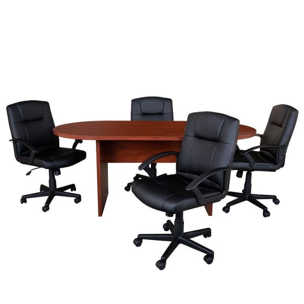 Flash Furniture Lake 5 Piece Cherry Oval Conference Table Set with 4 Black LeatherSoft-Padded Task Chairs, BLN-6GCCHRX000-BK-GG